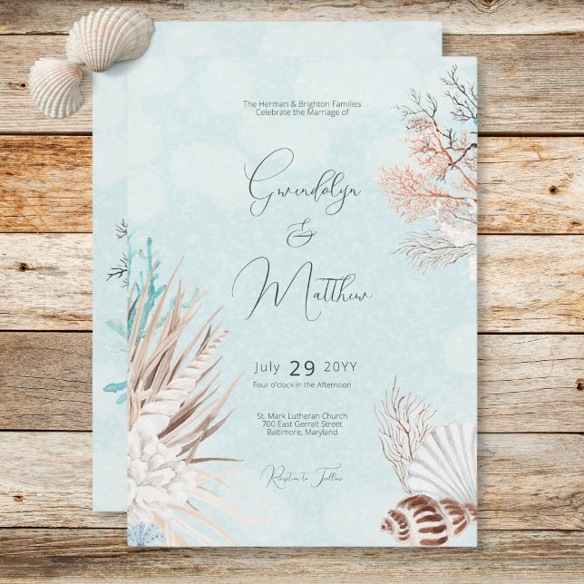Invitation Mariage Aqua Ocean Shells (Modern Aqua Ocean Shells Wedding Invitation)