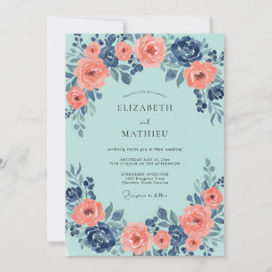 Invitation Mariage Aqua Rouge Corail Pivoine