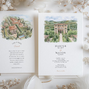 Invitation Mariage aquarelle à la Villa Cetinale en Toscane
