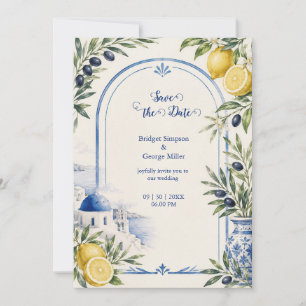 Invitation Mariage aquarelle à Santorin avec carrelage bleu c