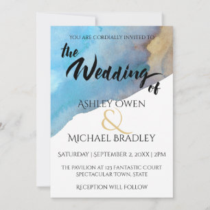 Invitation Mariage aquarelle abstraite bleu et sable de plage