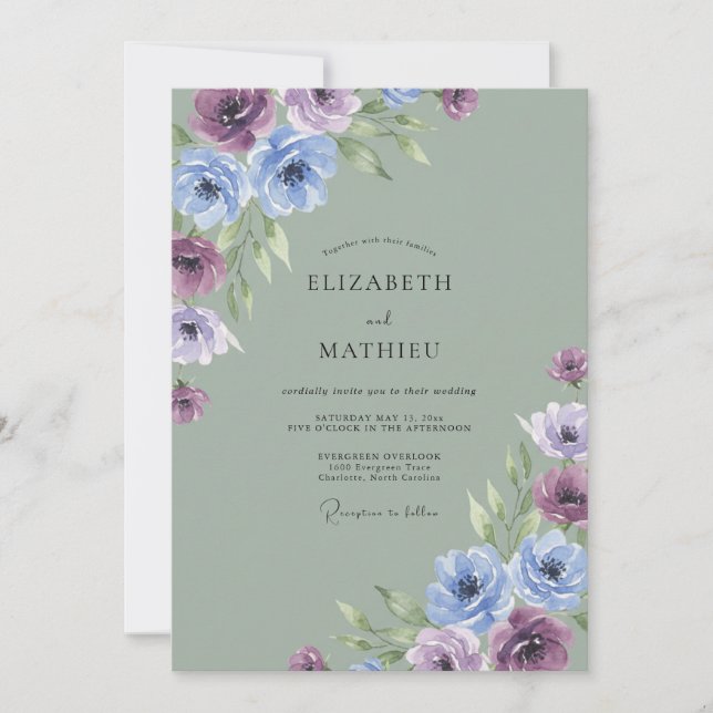 Invitation Mariage aquarelle améthyste et pervenche (Devant)