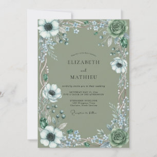 Invitation Mariage aquarelle Anémone Olive