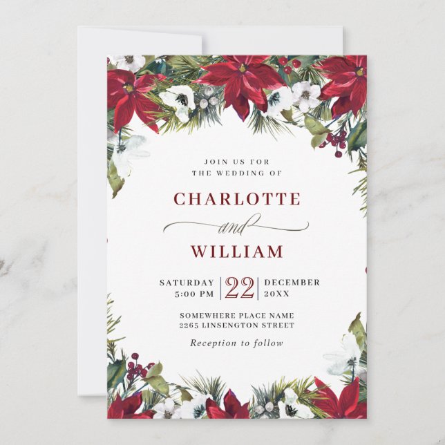 Invitation Mariage aquarelle au pin de sapin et poinsettia ro (Devant)