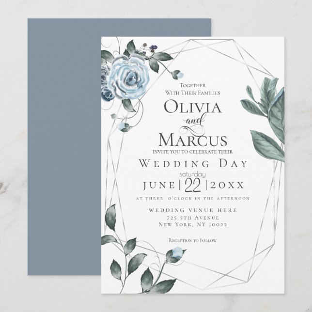 Invitation MARIAGE | Aquarelle bleu bleu foncé (Devant / Derrière)