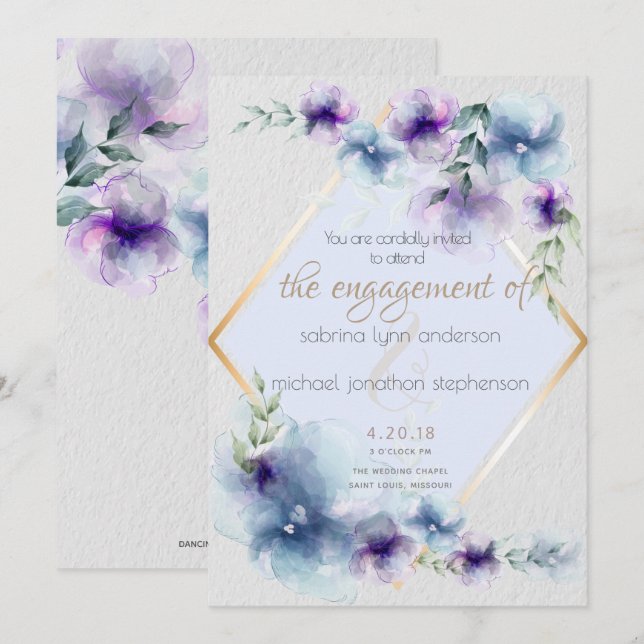 Invitation Mariage | Aquarelle bleu et violet (Devant / Derrière)