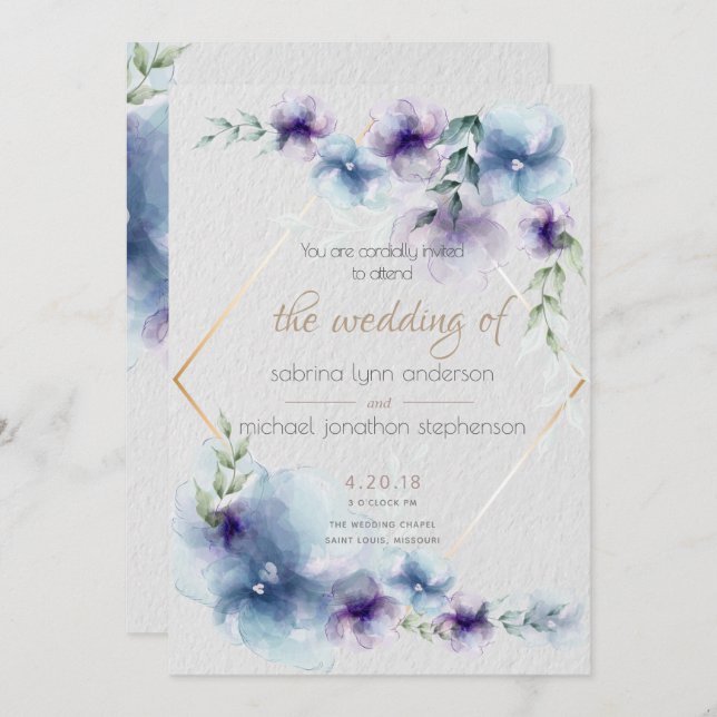 Invitation Mariage | Aquarelle bleu et violet Floral 2 (Devant / Derrière)