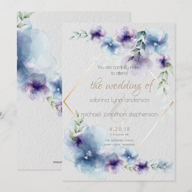 Invitation Mariage | Aquarelle bleu et violet Floral 2 (Devant / Derrière)