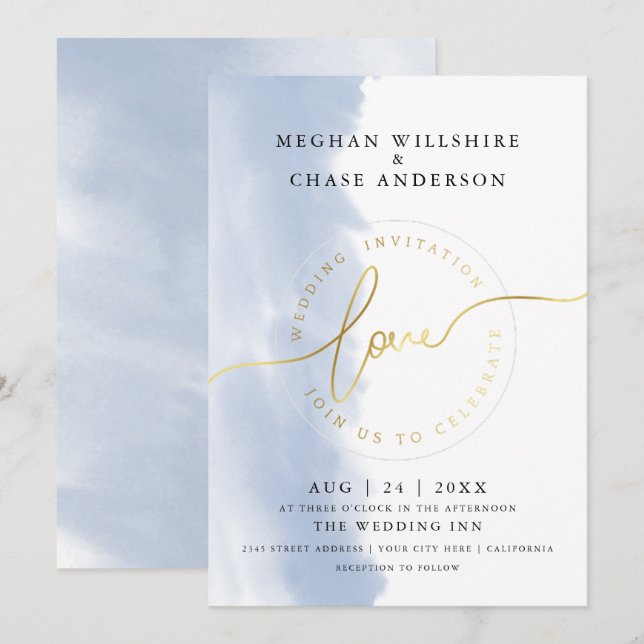 Invitation MARIAGE | Aquarelle bleu foncé (Devant / Derrière)
