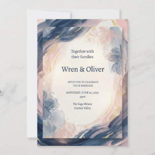 Invitation Mariage aquarelle bleu marine rose