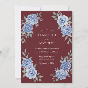 Invitation Mariage aquarelle bleuet bordeaux
