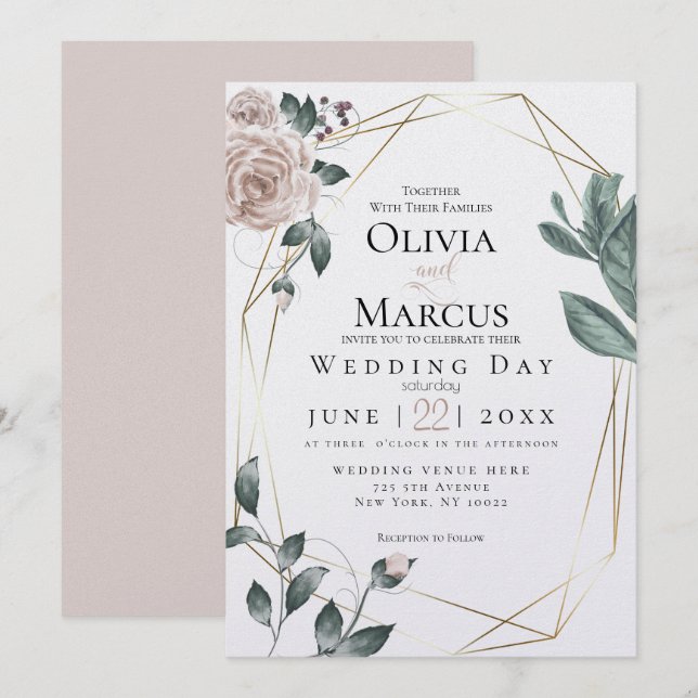 Invitation MARIAGE | Aquarelle Blush Dusty Rose Gold (Devant / Derrière)