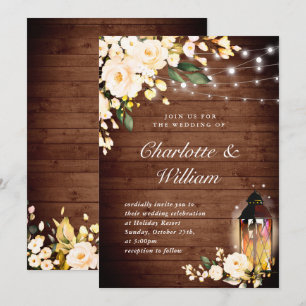 Invitation Mariage aquarelle Bois & Roses Blush & Lanterne