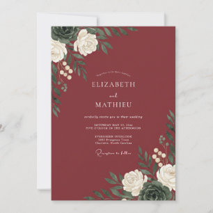 Invitation Mariage aquarelle botanique blanc et burgundy