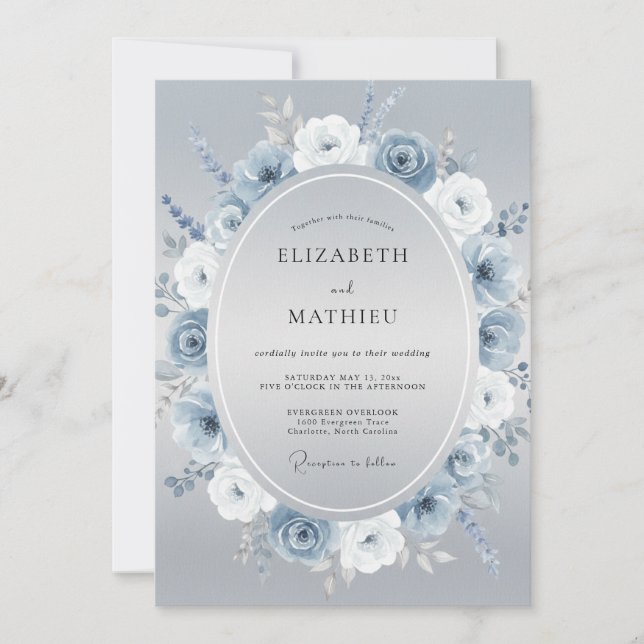 Invitation Mariage Aquarelle Botanique Bleu Glace (Devant)