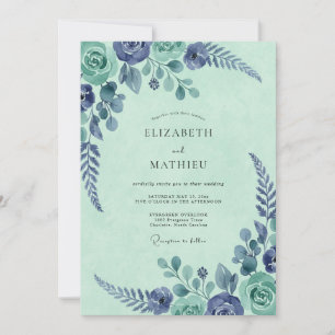 Invitation Mariage Aquarelle Botanique Indigo Menthe