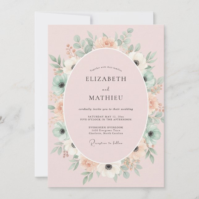 Invitation Mariage Aquarelle Botanique Menthe Rosée (Devant)