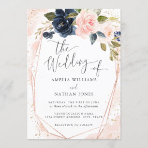 Invitation Mariage aquarelle botanique Rose Gold Navy