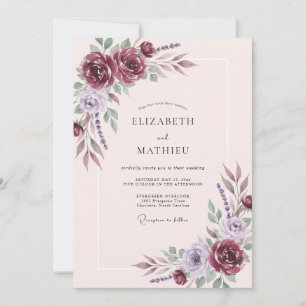 Invitation Mariage aquarelle botanique violet vin