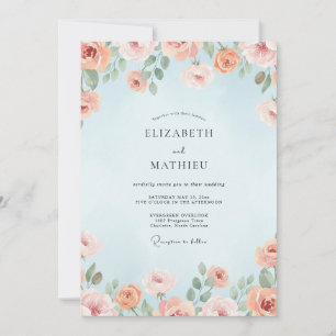 Invitation Mariage aquarelle corail céleste