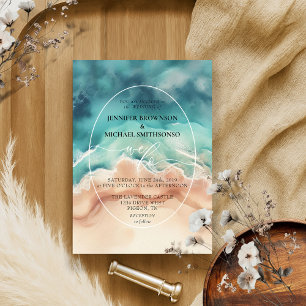 Invitation Mariage aquarelle d'été plage océan bleu.