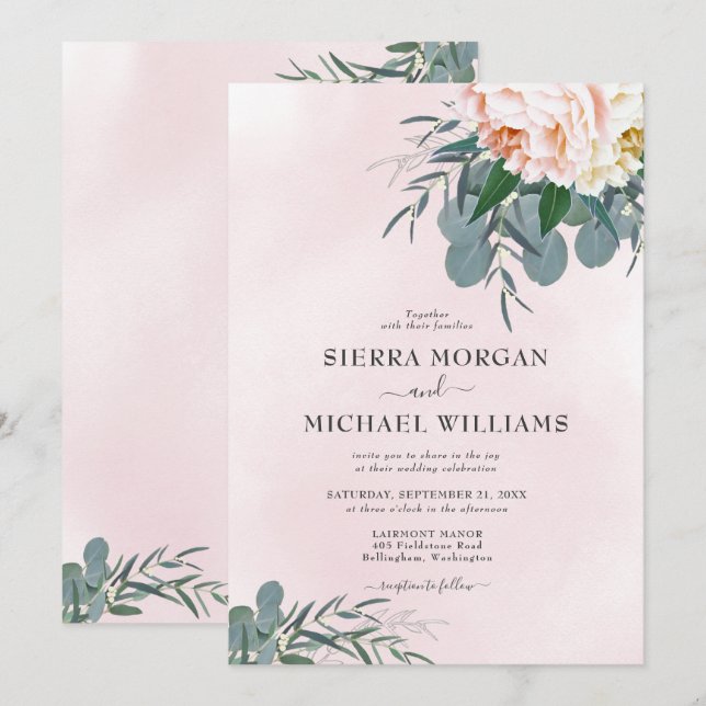 Invitation Mariage aquarelle eucalyptus rose saumon pivoine (Devant / Derrière)