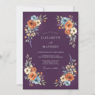 Invitation Mariage Aquarelle Floral Orange Prune
