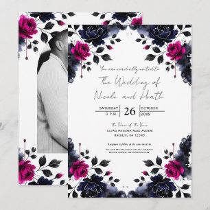 Invitation Mariage aquarelle floral rose et bleu magenta