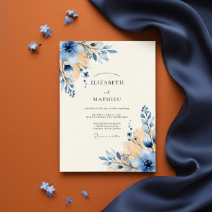 Invitation Mariage aquarelle florale bleu et or