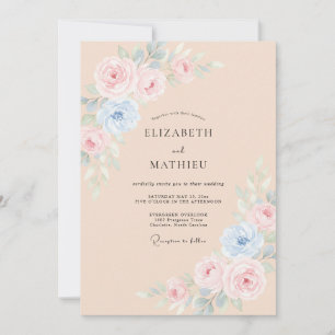 Invitation Mariage aquarelle florale bleue et abricot