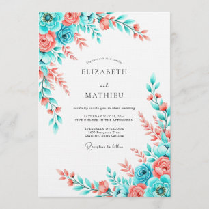 Invitation Mariage aquarelle florale corail sarcelle