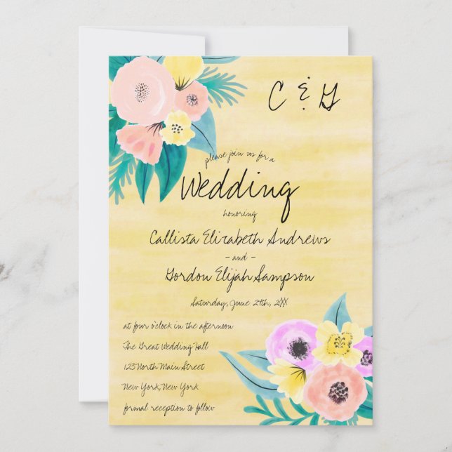 Invitation Mariage aquarelle florale jaune corail de printemp (Devant)