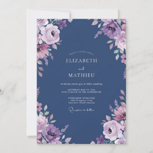 Invitation Mariage aquarelle florale lilas marine
