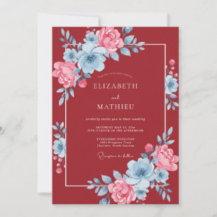 Invitation Mariage aquarelle florale rose bleu rubis