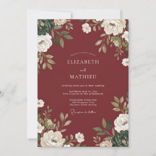 Invitation Mariage aquarelle florale rouge profond