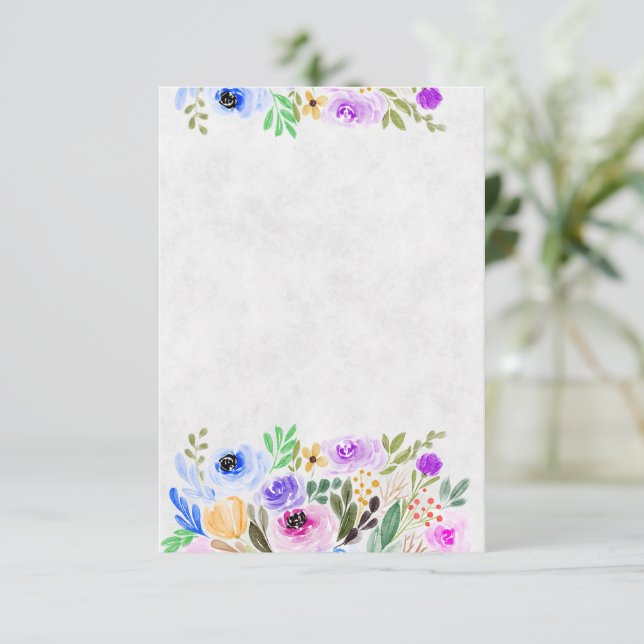 Invitation Mariage aquarelle florale violet et bleu clair (Debout devant)