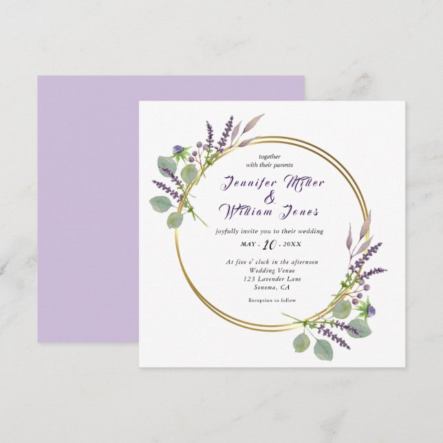 Invitation Mariage aquarelle lavande & eucalyptus (Devant / Derrière)