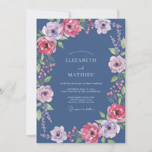 Invitation Mariage aquarelle magenta ardoise côtier