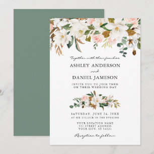 Invitation Mariage Aquarelle Magnolias Roses Sage Vert