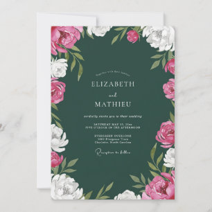 Invitation Mariage Aquarelle Pivoine Vert Émeraude