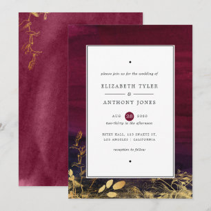 Invitation Mariage aquarelle prune et or de Bourgogne