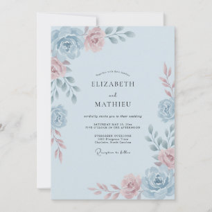 Invitation Mariage Aquarelle Romantique Bleu Clair