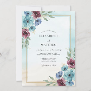 Invitation Mariage aquarelle romantique en bordeaux
