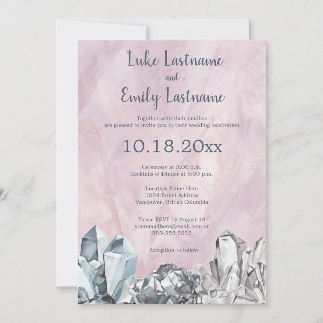 Invitation Mariage aquarelle rose Geode & Pierres précieuses (Devant)