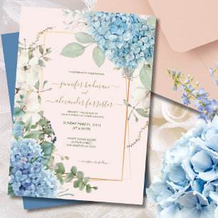 Invitation Mariage Aquarelle Rose Pâle Hydrangea Bleu Poussié