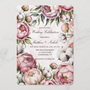 Invitation Mariage aquarelle rose pivoine et coton