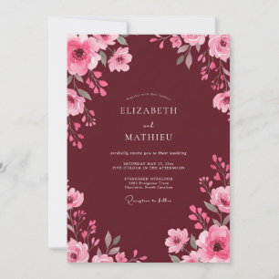 Invitation Mariage aquarelle rose vin