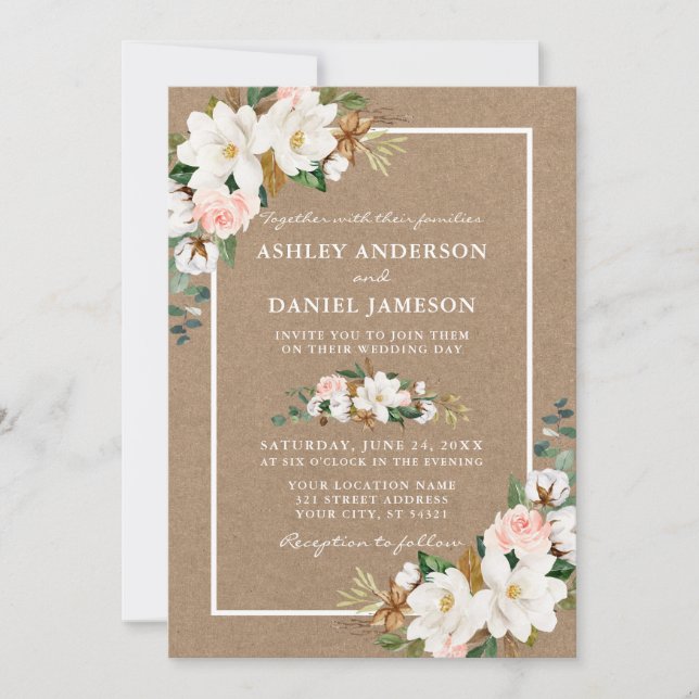Invitation Mariage Aquarelle Roses Blanc Magnolias Kraft (Devant)