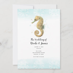 Invitation Mariage aquarelle sarcelle et or Hippocampe