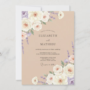 Invitation Mariage aquarelle taupe et lavande